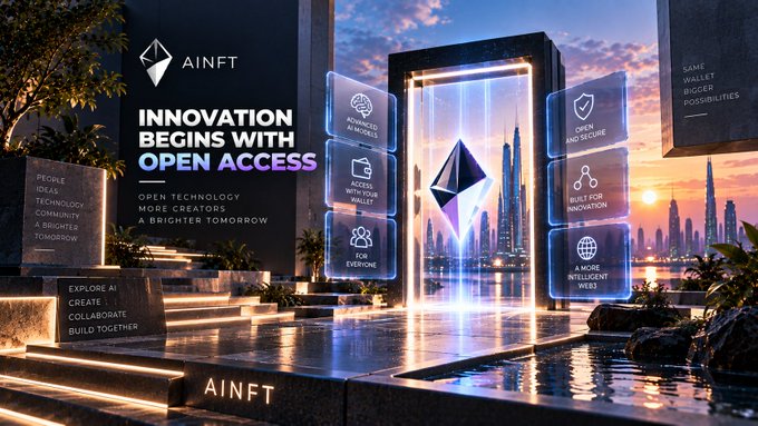 A futuristic digital billboard advertisement for 'AINFT' promoting 'INNOVATION BEGINS WITH OPEN ACCESS' with the Ethereum logo, displayed in a sci-fi cityscape at sunset with feature panels highlighting 'CONNECTED IN MINUTES', 'ACCESS WITHOUT WALLET', 'OPEN AND SECURE', 'BUILD FOR INNOVATION', 'FOR EVERYONE', and 'A MORE INTELLIGENT WEB'.