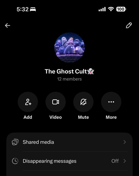 The image shows a group chat titled "The Ghost Cult 👻" with 12 members, featuring options to Add, Video, Mute, and More, along with settings for Shared media and Disappearing messages. The caption and image together announce the launch of the "Ghost Cult" group, where $ghosti token holders can join to receive rewards, including an initial 500k $ghosti tokens distributed among members.