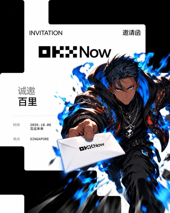 An invitation card for 'OKX Now' featuring an anime-style character with blue flames, addressed to 百里, for an event in Singapore on 2026.10.06.