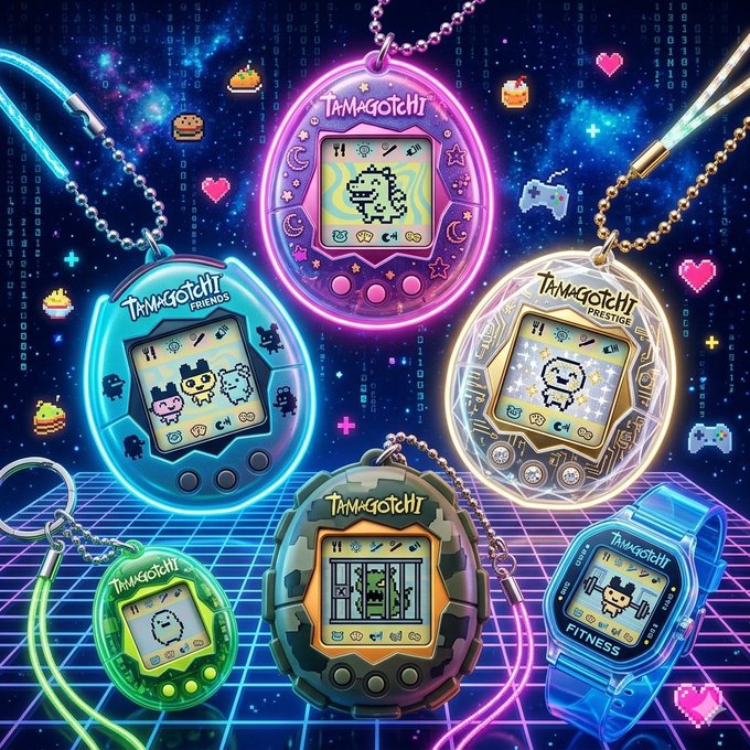 The image features five Tamagotchi toys, each with different colors and designs, arranged in a row against a blue background. The text above the image reads "A whole generation grew up with Tamagotchi. Now it's back. Not as a toy. Not as a memory. As a movement." This suggests that Tamagotchis are making a comeback as a nostalgic item and possibly even as an art form or a medium for social commentary, given their connection to the Tamagotchi culture from the 1990s era.