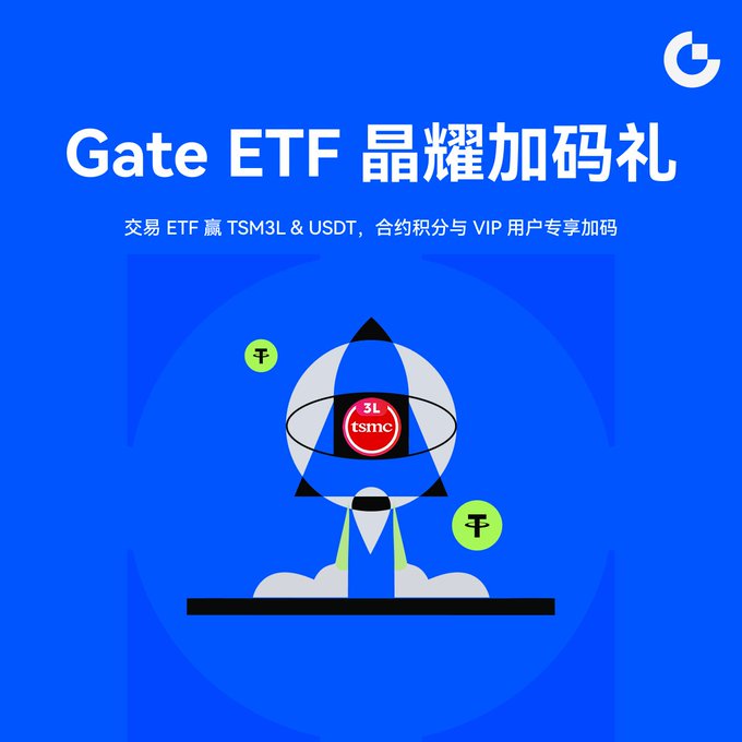 Promotional graphic for Gate.io's "Gate ETF 晶耀加码礼" (Crystal Glory Bonus) event, featuring a rocket illustration with TSMC and Tether (₮) tokens, advertising that trading ETFs can win TSM3L and USDT rewards for contract points users and VIP members.