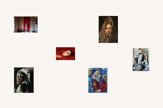 A scattered arrangement of seven small images including album covers and artwork, notably featuring Gorillaz-style art, a haunting portrait of a veiled figure, and what appears to be Kendrick Lamar album artwork.