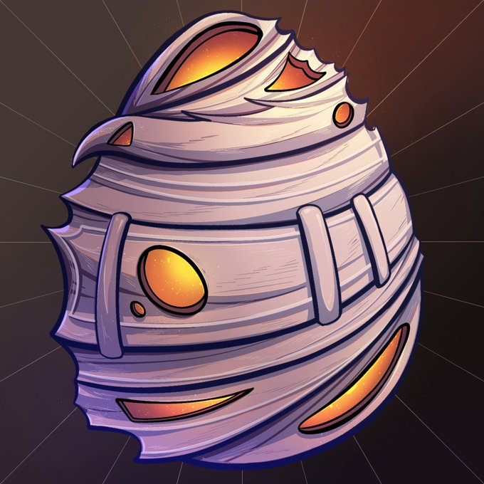A stylized digital illustration of a purple and orange planet or egg-shaped object with cracks, glowing orange holes, and metal band details against a dark background with light rays.