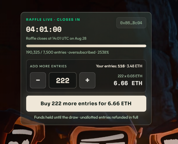 A raffle interface displays "04:01:00" remaining with 190,325 of 7,500 entries (2538% oversubscribed), offering to buy 222 more entries for 6.66 ETH. The image illustrates the post's discussion about adding 222 more entries to the oversubscribed raffle, which the poster sees as a strong buying opportunity given the contract balance and projected market cap.