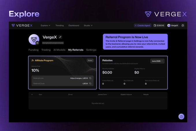 The image shows a screenshot of an online platform called "Vergex" with a dark purple background, featuring a user profile that includes information about a referral program where users can invite friends to join for a 10% rebate on their trading fees. The text within the image promotes this new version of the platform and its benefits, specifically highlighting how it rewards users by joining a peer group to earn rebates through their trades.