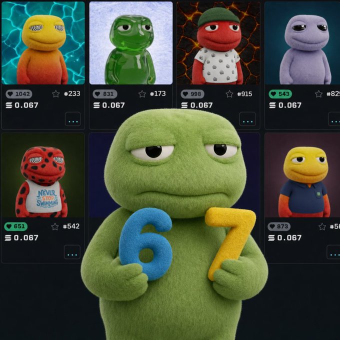 Collage of plush, frog-like NFT characters in various colors priced at 0.067 each, featuring a central green character holding the numbers 6 and 7.