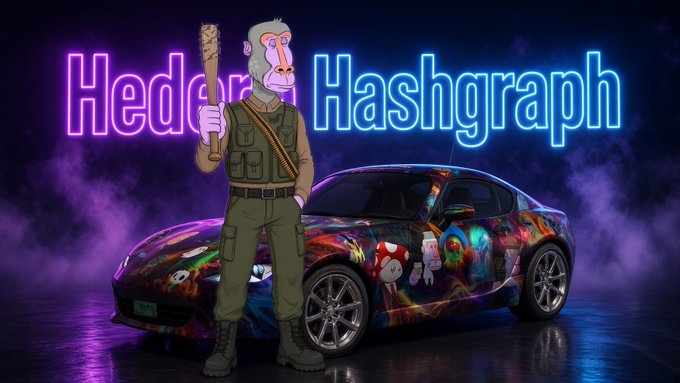 A vibrant, neon-lit digital illustration of a muscular soldier character holding a spiked bat, standing in front of a colorfully decorated sports car with cartoon and gaming graphics, set against a smoky purple background with the text 'Hedera Hashgraph' in glowing neon letters.