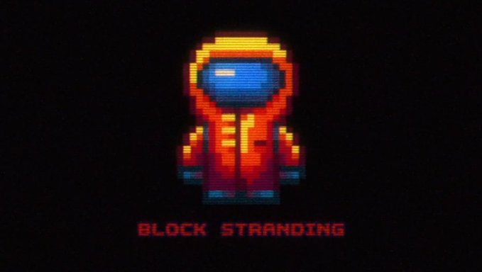 A pixel art image of a red Among Us-style character in an orange spacesuit with the text 'BLOCK STRANDING' displayed in red below.