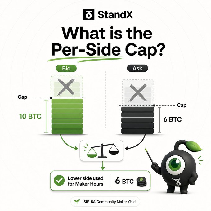 An infographic from StandX titled 'What is the Per-Side Cap?' explaining that when the bid side has 10 BTC and ask side has 6 BTC, the lower 6 BTC side is used for Maker Hours in their SIP-5A Community Maker Yield program.