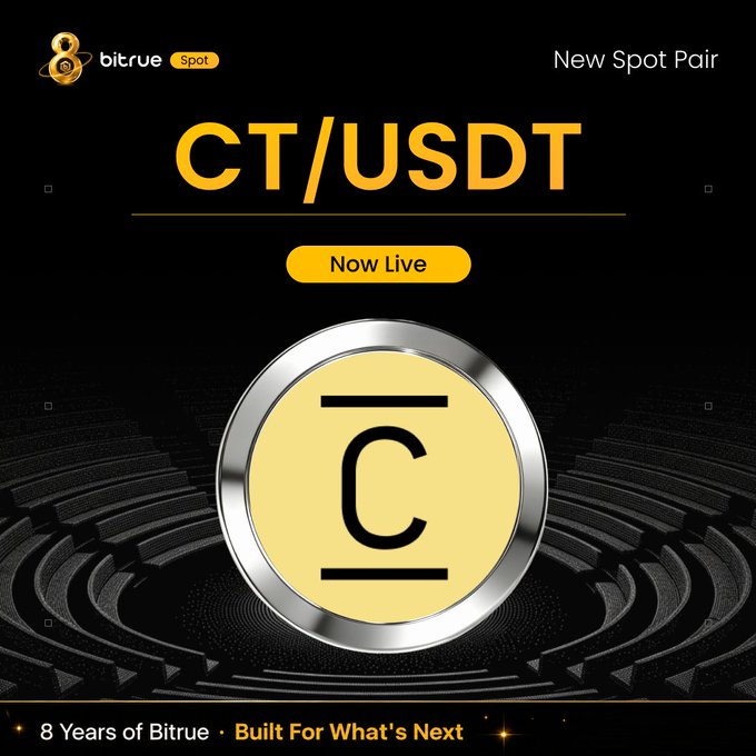 The image is a promotional graphic from Bitrue Spot announcing the new CT/USDT trading pair, featuring a large "C" coin logo and the text "New Spot Pair — CT/USDT — Now Live." It also highlights "8 Years of Bitrue · Built For What's Next" at the bottom, matching the announcement that $CT/USDT spot trading with @ConcreteXYZ is now available on the exchange.