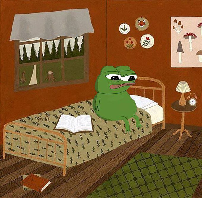 A grumpy green frog sits on a patterned bed in a cozy forest-themed room, glancing sideways with a tired expression. The image humorously matches the post's "Gm" greeting, capturing that relatable morning mood many of the 38 followers likely feel waking up.