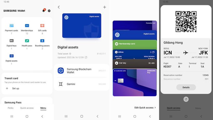 The image shows four screenshots of Samsung Wallet displaying its various features, including digital assets (totaling $140,511 with Samsung Blockchain Wallet and Gemini entries), payment/membership/gift cards, digital keys, boarding passes, and a flight itinerary from Gildong Hong traveling ICN to JFK on Flight KE007, illustrating the app's existing digital wallet capabilities ahead of its USDC integration.