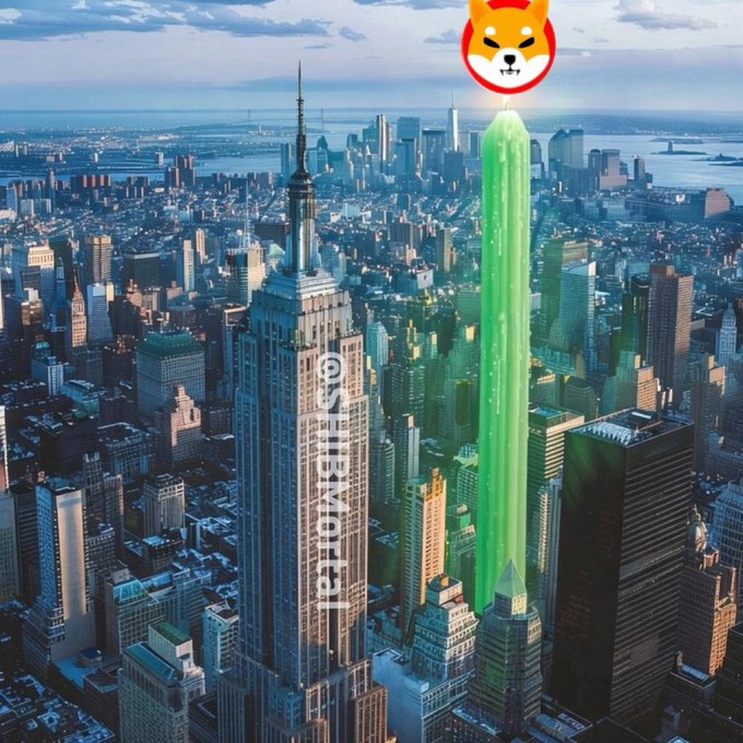 An aerial view of the Empire State Building in New York City has been edited to show a massive green "god candle" shooting upward from the cityscape, with a Shiba Inu (SHIB) logo perched at its peak. The "@SHIBMortal" watermark is visible on the building, visually representing the post's hype about $SHIB's anticipated explosive price surge and bullish momentum.