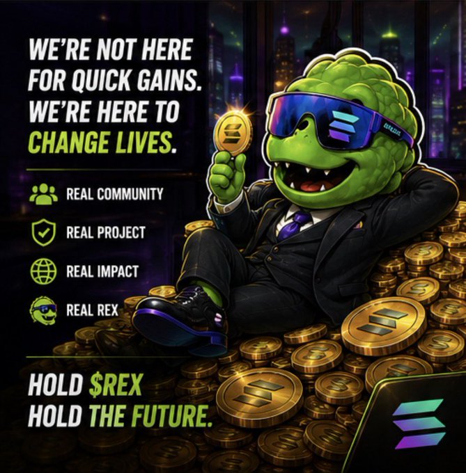A suited cartoon dinosaur ("Real Rex") lounges on a pile of gold Solana coins while holding one up, with the tagline "HOLD $REX HOLD THE FUTURE." The image reinforces the post's message by portraying $REX as a long-term, community-driven memecoin project on Solana rather than a quick-flip trade, urging followers to be "diamond hands" builders instead of "paper hands" chasing short-term pumps.