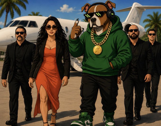 An anthropomorphic dog wearing a green hoodie, pixelated sunglasses, and a gold chain stands alongside a woman in an orange dress and several men in black suits in front of a private jet, conveying the luxurious crypto-lifestyle theme tied to the "$GOOD" token's new Robinhood listing.
