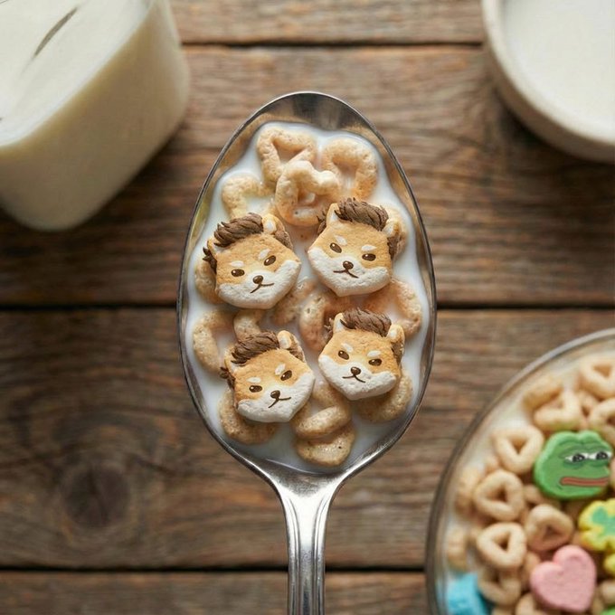 A spoonful of lion-shaped marshmallows floating in milk sits on a wooden table, with a bowl of colorful cereal visible to the side. The roaring lion marshmallows playfully nod to the bold spirit of $ELON holders, embodying the fierce "lion's share" energy of a strong market morning.