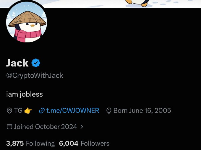 Twitter profile for Jack (@CryptoWithJack), showing a verified account with 3,875 Following and 6,004 Followers, bio 'iam jobless', joined October 2024.
