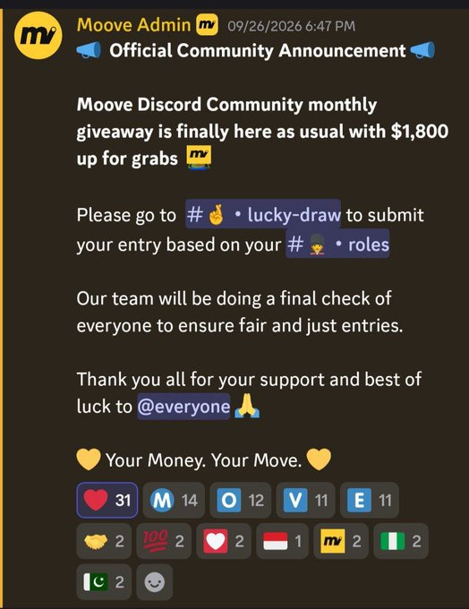 A screenshot of a Discord announcement from 'Moove Admin' dated 09/26/2026 advertises a $1,800 monthly community giveaway, instructing users to submit entries via the #✌-lucky-draw channel based on their roles.