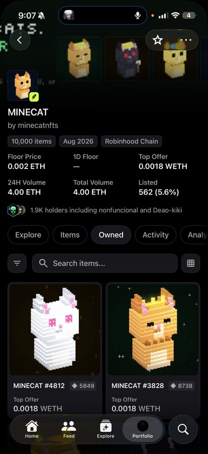 A mobile screenshot of the OpenSea platform displaying the MINECAT NFT collection by minecatnfts on the Robinhood Chain, with details showing a floor price of 0.002 ETH and two listed items (MINECAT #4812 and #3828) at top offers of 0.0018 WETH and 0.0018 WETH respectively. The image relates to the post by showing the marketplace view where the user purchased the Minecat token at the 6k listing level.