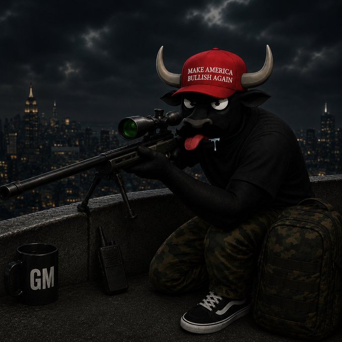 An anthropomorphic bull wearing a red "Make America Bullish Again" hat sights in a sniper rifle from a rooftop overlooking a dark cityscape, accompanied by a mug labeled "GM" and a tactical backpack, visually reinforcing the post's reference to sniping market bottoms.