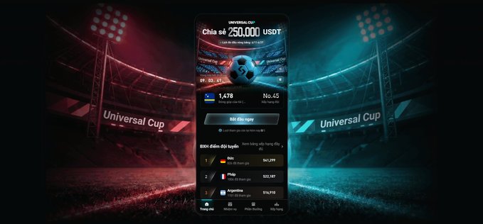 The image shows an advertisement for Universal Cup that features two soccer stadiums side by side against a dark background. The text on the screen displays information about the game, including the current score of 2-1 and the fact that there are currently 1 free turns left in the game.