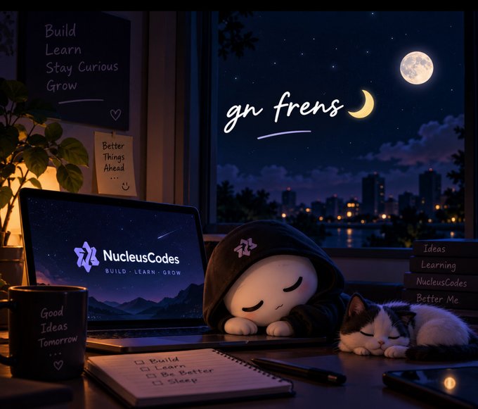 An illustrated 'goodnight' scene showing a hooded plush character and a cat napping beside a laptop displaying the 'NucleusCodes' logo, with the text 'gn frens' and a moon in the night sky.