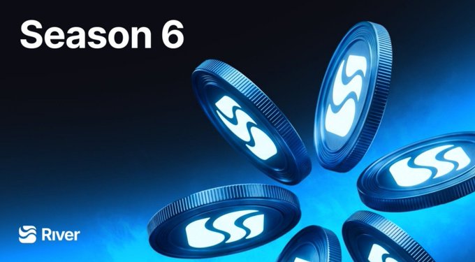 A promotional graphic featuring "Season 6" text alongside several blue River-branded coins scattered across a dark background, with the River logo in the bottom-left corner. The image ties to the post's teaser about Season 5 ending and the upcoming Season 6 launch from River ($RIVER), suggesting new features like satUSD and staking rewards.