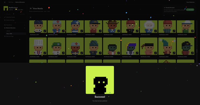 A screenshot of a 'View Media' page displaying a grid of pixel art NFT avatars, with a 'Success!' popup at the bottom.