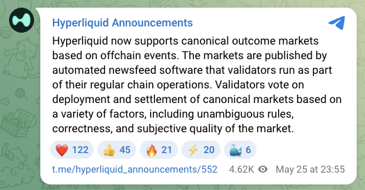 The image shows a screenshot of a social media post from Hyper Liquid announcing their support for outcome markets tied to real-world events. The post includes text that explains the concept behind these markets, stating that they are based on real-world events and allow validators to deploy and settle such markets. The post also mentions that this type of market will be published by automated newsfeed software.