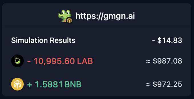 The image shows a transaction preview from gmgn.ai displaying a swap simulation with a total cost of -$14.83, involving the exchange of -10,995.60 LAB (≈$987.08) for +1.5881 BNB (≈$972.25). This relates to the post about claiming $LAB, illustrating the transaction details for swapping those tokens into BNB.