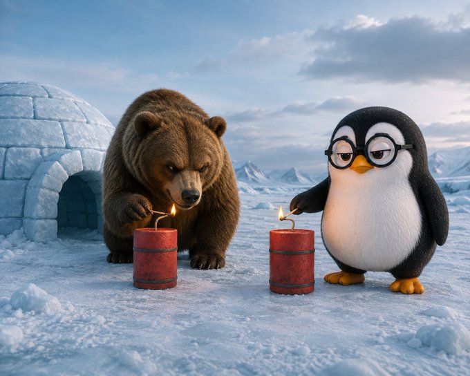 A CGI-rendered scene of a brown bear and a bespectacled penguin in an Arctic landscape, each lighting a red barrel-shaped candle near an igloo.