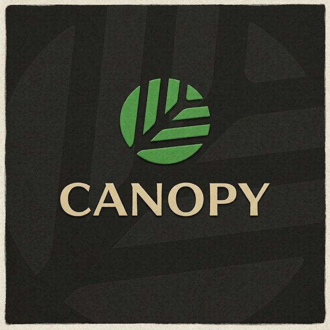 Logo for Canopy featuring a green circular emblem above the word 'CANOPY' in beige text on a dark textured background.