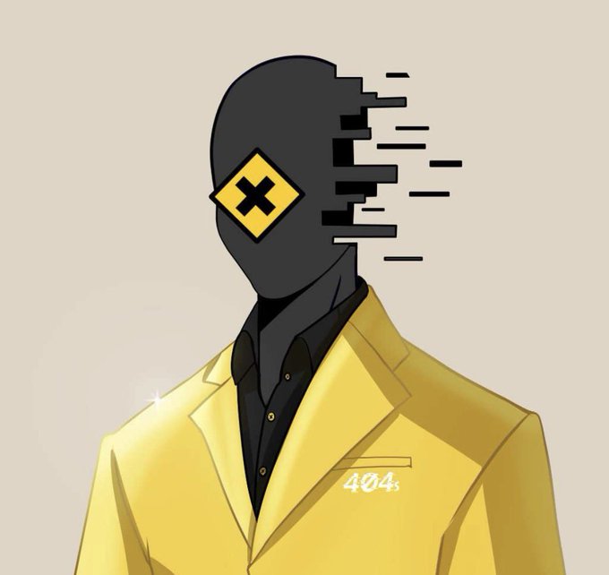 The image shows a stylized figure in a yellow blazer over a black shirt, with a glitching digital face featuring a yellow diamond marked with a black "X," and the text "404s" on the pocket—reflecting the post's shoutout to @404s_ethereum for providing a snapshot of the "dysfunctionals" collection. The glitch aesthetic and "404" error reference visually echo the project's name and theme.