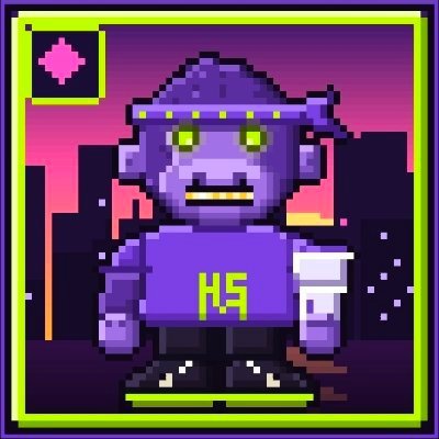 A pixel art NFT-style character depicting a purple-skinned figure wearing a hat and shirt with 'K5' logo, set against a sunset cityscape.