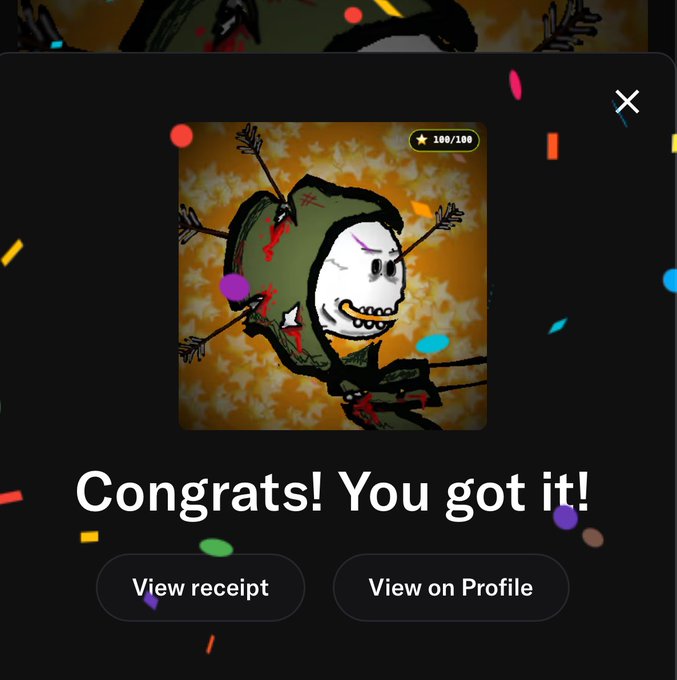 A mobile app celebration screen showing 'Congrats! You got it!' with a 100/100 rating, featuring a cartoon zombie character with arrows in it, and buttons for 'View receipt' and 'View on Profile'.