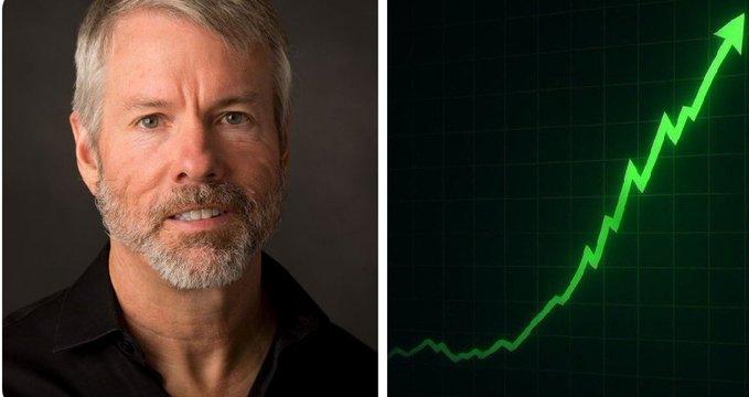 The image features a split composition with a portrait of Michael Saylor on the left and a green upward-trending arrow on a dark grid background on the right, symbolizing his bullish Bitcoin price forecast of $1 million per coin. The accompanying quote, "BITCOIN IS NOT GOING TO ZERO. IT'S GOING TO $1 MILLION," reinforces the visual message of long-term price appreciation tied to Bitcoin's fixed supply and growing institutional adoption.