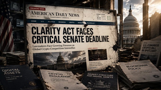 A weathered newspaper headlines "CLARITY Act Faces Critical Senate Deadline" with the "American Daily News" masthead, displayed amid scattered publications on "Crypto Regulation" and "Digital Assets" with the U.S. Capitol looming in the background. The imagery visually reinforces the post's urgency about the Senate's impending decision on crypto legislation and America's position in the global race for crypto leadership.