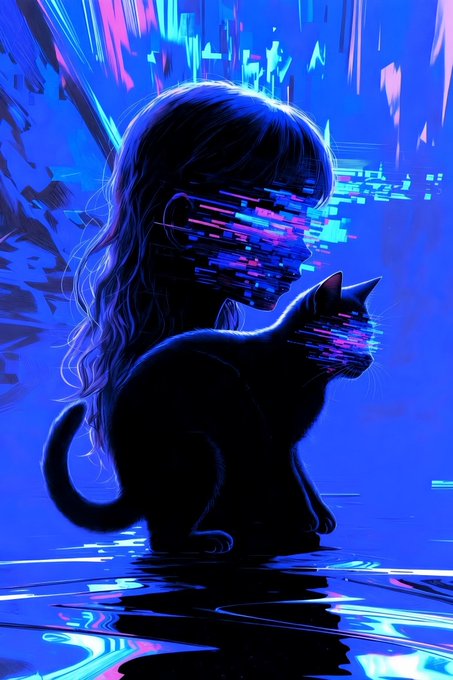 A stylized digital art illustration features a girl with flowing hair and a black cat, both with glitch effects over their faces, set against a vibrant blue and pink background.