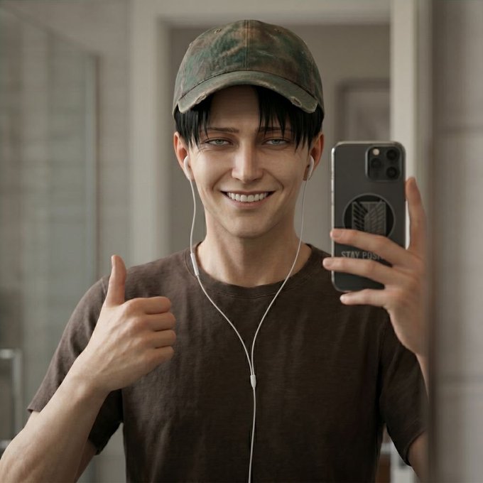 A selfie-style portrait of a young man with dark hair wearing a camo cap and brown t-shirt, giving a thumbs up while holding a smartphone, with wired earphones in his ears.