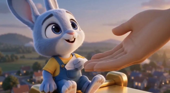 Judy Hopps from Zootopia sits on a golden object and reaches out to shake a large human hand, with a sunset-lit cityscape in the background.
