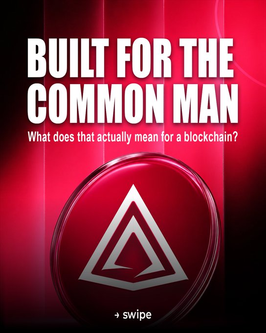 A red graphic features the text 'BUILT FOR THE COMMON MAN' and 'What does that actually mean for a blockchain?' above a triangular logo, with a 'swipe' prompt at the bottom.