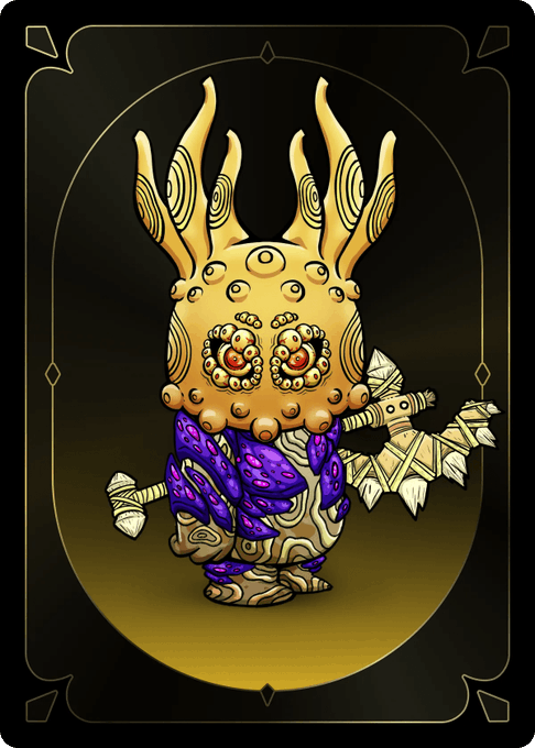 A golden-horned, multi-eyed creature with purple robes holds arrows and a mummy-wrapped object, presented as NFT Koda #8333 purchased for 0.903 WETH by jeremywalker.eth. The cryptic "wtf is this thing" comment reflects the bizarre, occult aesthetic of the Kodamari creature, whose unusual features like extra eyes and decorative horns defy easy categorization.