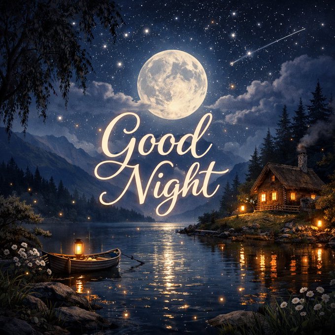 The image features a beautiful night scene with a full moon illuminating the sky above a lake at the bottom of a mountain range. The moon casts its glow over the water, creating a serene atmosphere. In the foreground, there are two boats on the lake - one is a small boat and the other is a larger boat that appears to be a houseboat or cabin. The image also contains text that reads "Good night CT @dropee_app is one of the most structurally interesting pre-TGE launches this cycle".