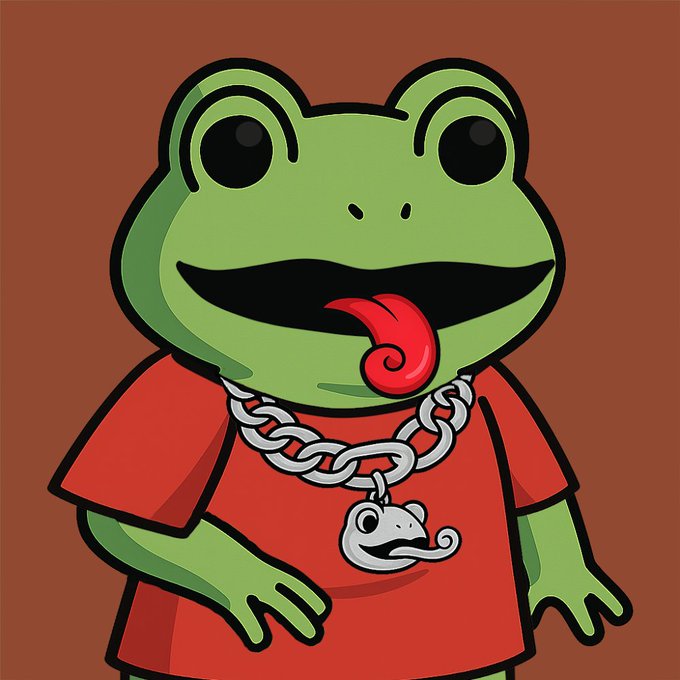 A cartoon illustration of a green frog wearing a red shirt with its tongue sticking out, adorned with a silver chain necklace featuring a small frog pendant against a brown background.