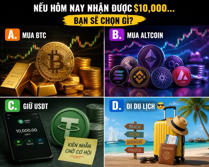 A Vietnamese-language poll asking 'If you received $10,000 today, what would you choose?' with four options: A. Buy BTC, B. Buy Altcoin, C. Hold USDT, and D. Go traveling.