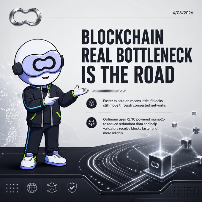A promotional graphic for Optimum blockchain, dated 4/08/2026, with the headline "BLOCKCHAIN REAL BOTTLENECK IS THE ROAD," featuring a cartoon mascot in a VR headset and text explaining RLNC powered mump2p technology.