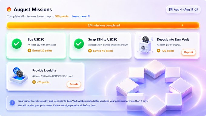 An 'August Missions' crypto rewards interface showing 2/4 missions completed including Buy USDC (earned 20 points), Swap ETH to USDC (earned 40 points), Deposit into Earn Vault (+20 points), and Provide Liquidity (+20 points), running Aug 4 - Aug 19.
