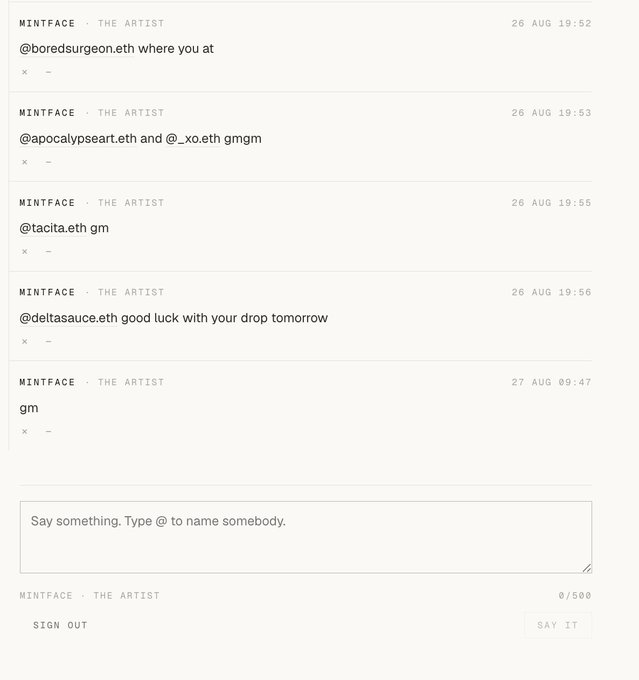 A chat interface showing posts from 'MINTFACE · THE ARTIST' interacting with various users.