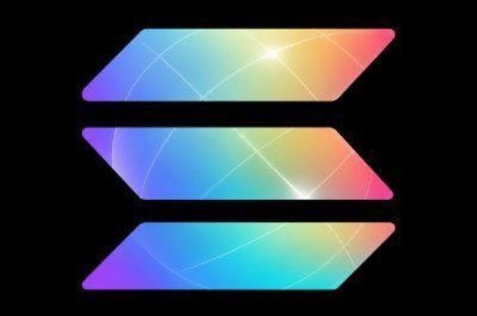 The Solana logo displayed as three stacked, iridescent horizontal bars with a rainbow gradient effect on a black background.