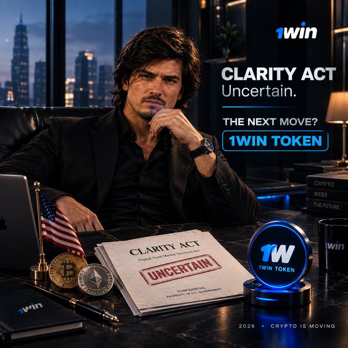 A promotional graphic for '1WIN TOKEN' featuring a man at a desk with a document labeled 'CLARITY ACT - UNCERTAIN', along with cryptocurrency coins and American and Mongolian flags.